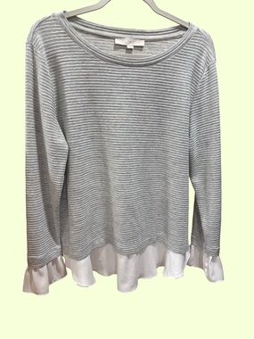 LOFT Gray Striped Knit Top with White Ruffle Hem
